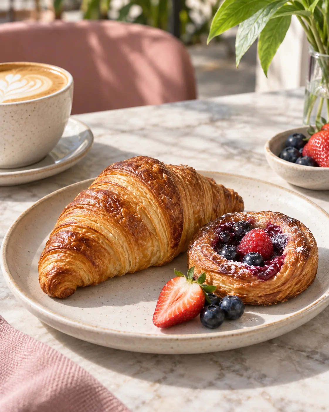 Illustrative pastries and coffee on a cafe table