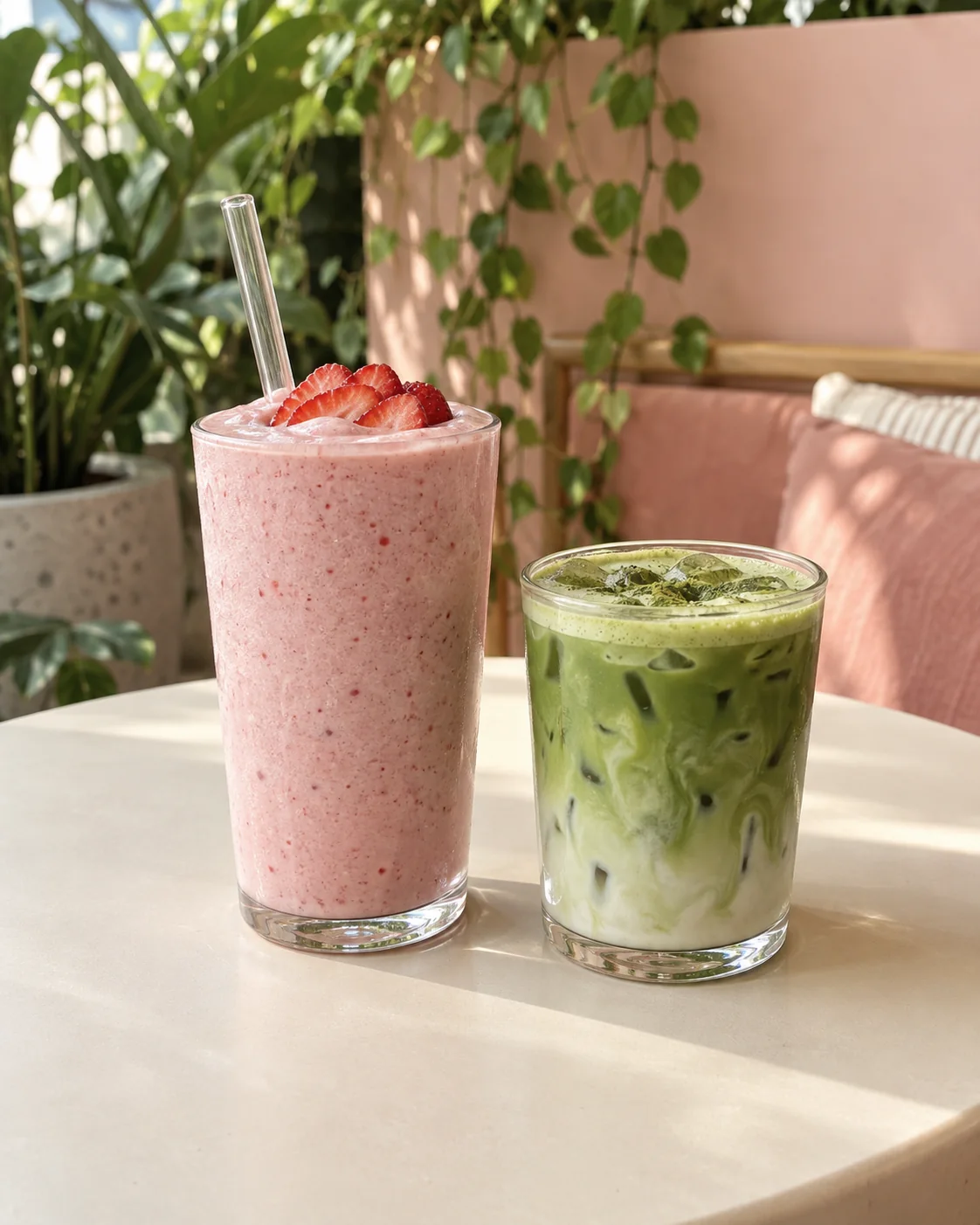 Illustrative strawberry smoothie and iced matcha
