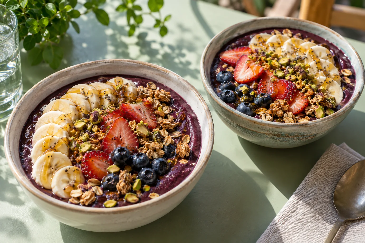 Illustrative pair of fruit topped açaí bowls