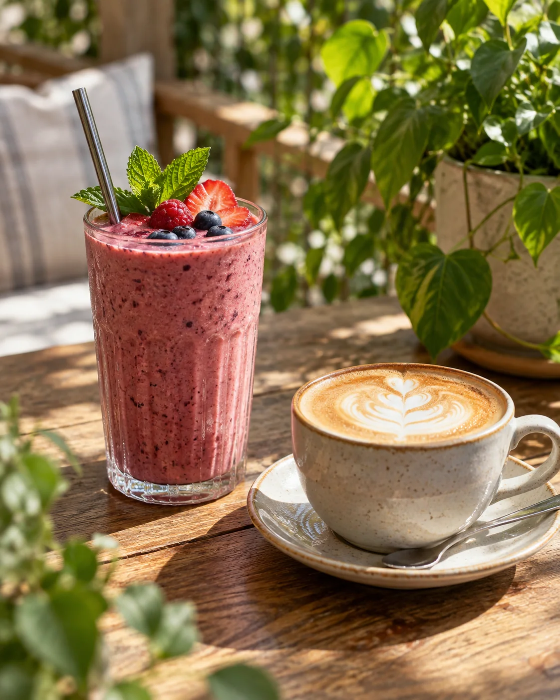 Illustrative smoothie and coffee on a café table